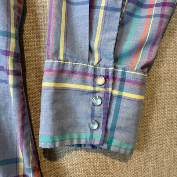 Vintage Wrangler Western Shirt XL Pastel Plaid Pearl Snap Cowboy Shirt Rodeo - Picture 2 of 11